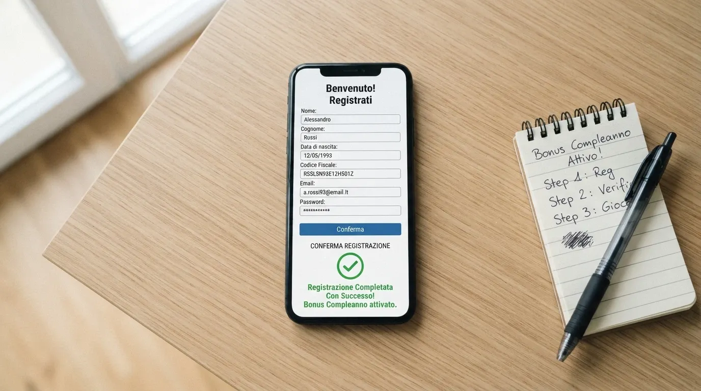 Le fasi della procedura per ricevere il bonus compleanno: modulo di registrazione con dati anagrafici, schermata di verifica del documento, notifica del bonus nell'area promozioni