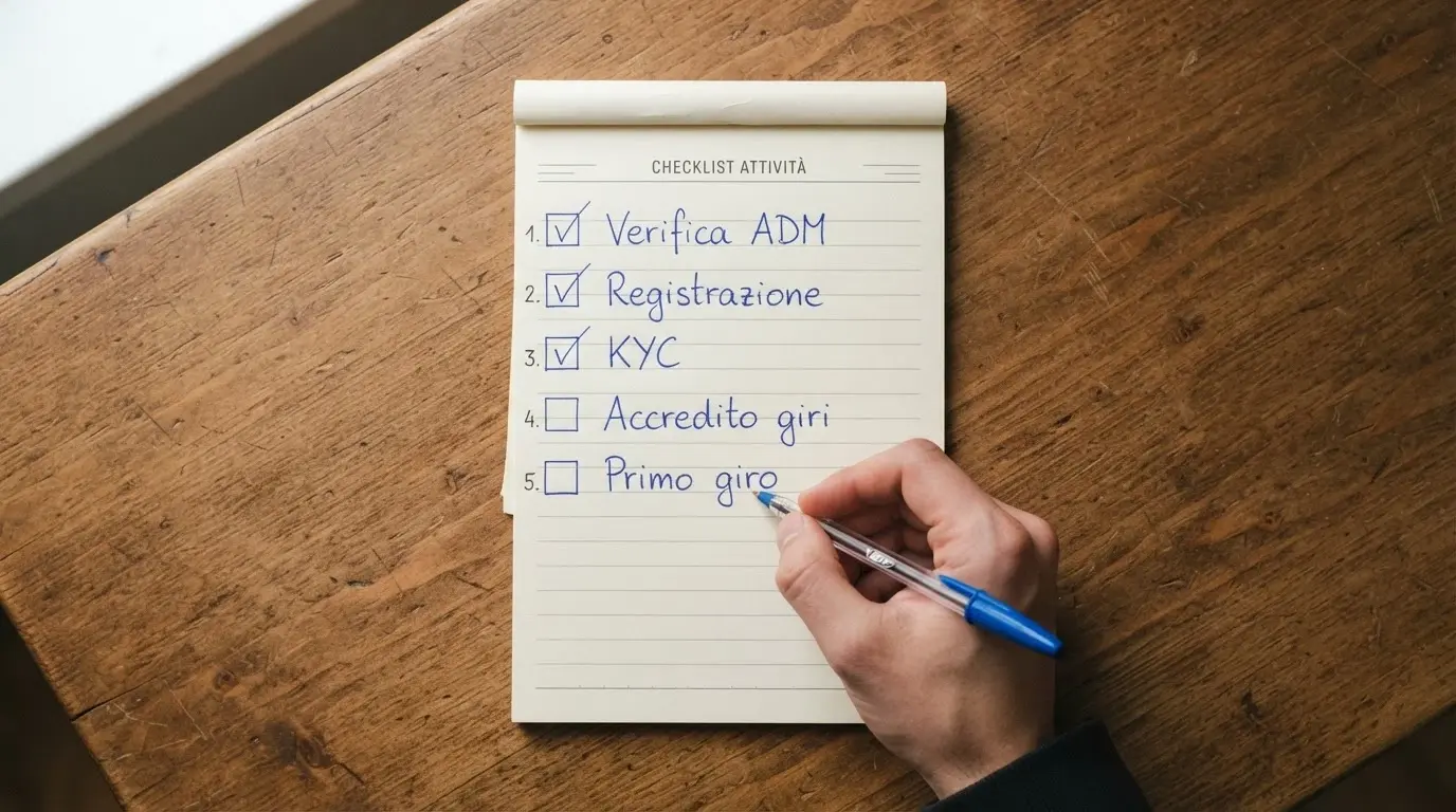 Una checklist visiva con i passaggi per ottenere il bonus: verifica ADM, registrazione, KYC, accredito giri, primo giro di slot