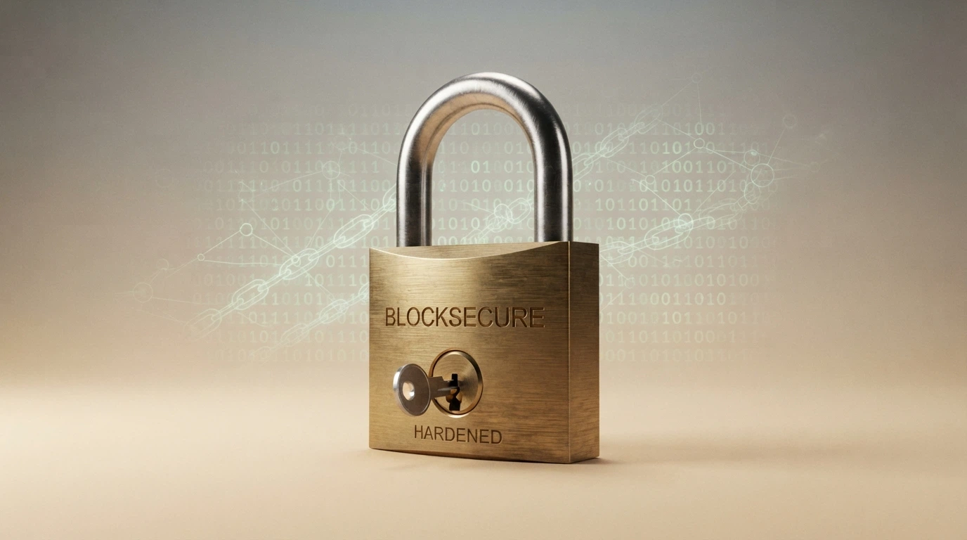 Un documento ufficiale stilizzato con timbro ADM e la scritta «concessione» accanto a un lucchetto aperto su sfondo di codice blockchain