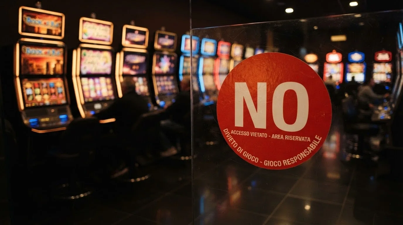 Una licenza ADM ufficiale in primo piano appoggiata su uno sfondo sfocato di slot machine, con il bollino rosso «NO PUBBLICITÀ» visibile in controluce