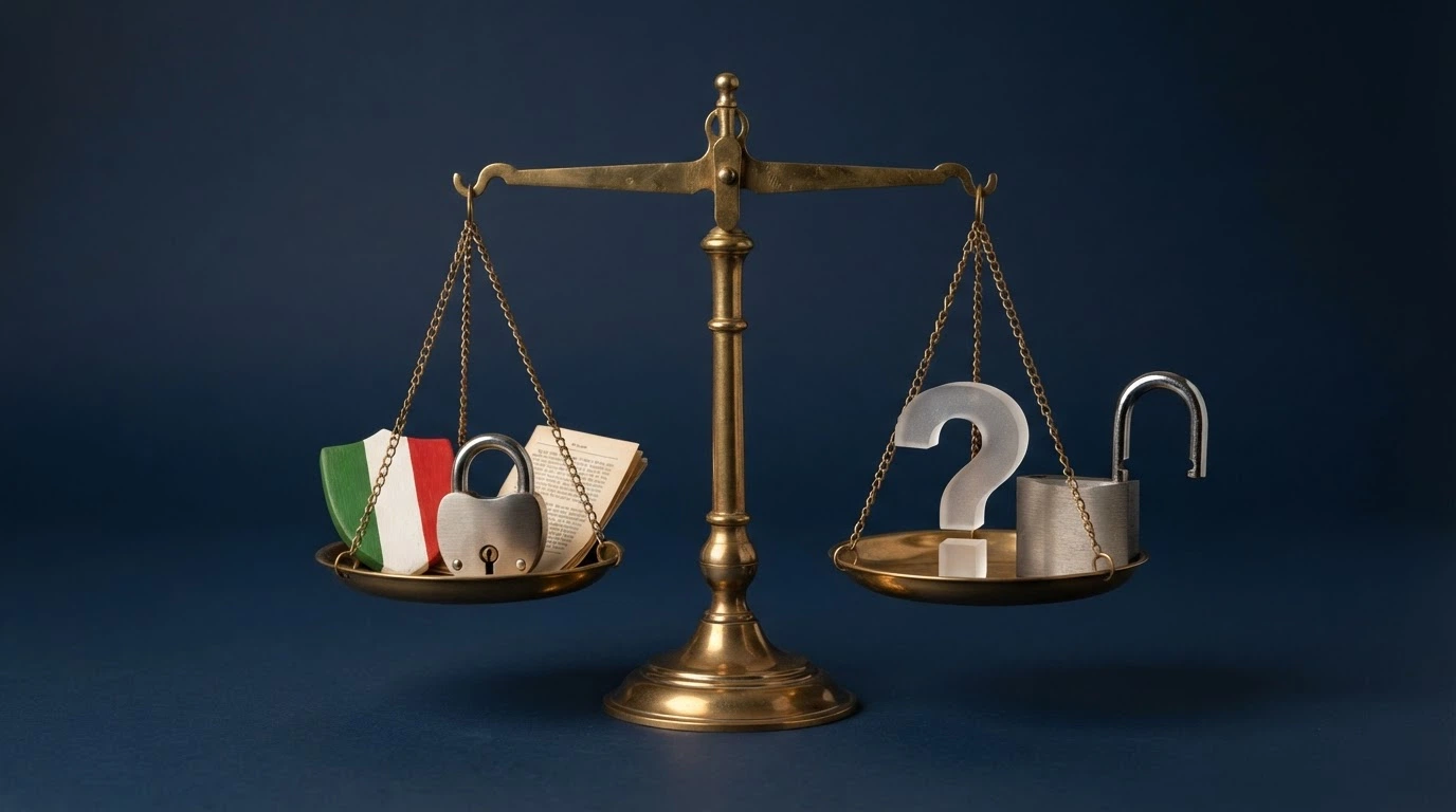 Una bilancia a due piatti: sul piatto sinistro il logo ADM con scudo, documenti e un lucchetto chiuso; sul destro un punto interrogativo e un lucchetto aperto