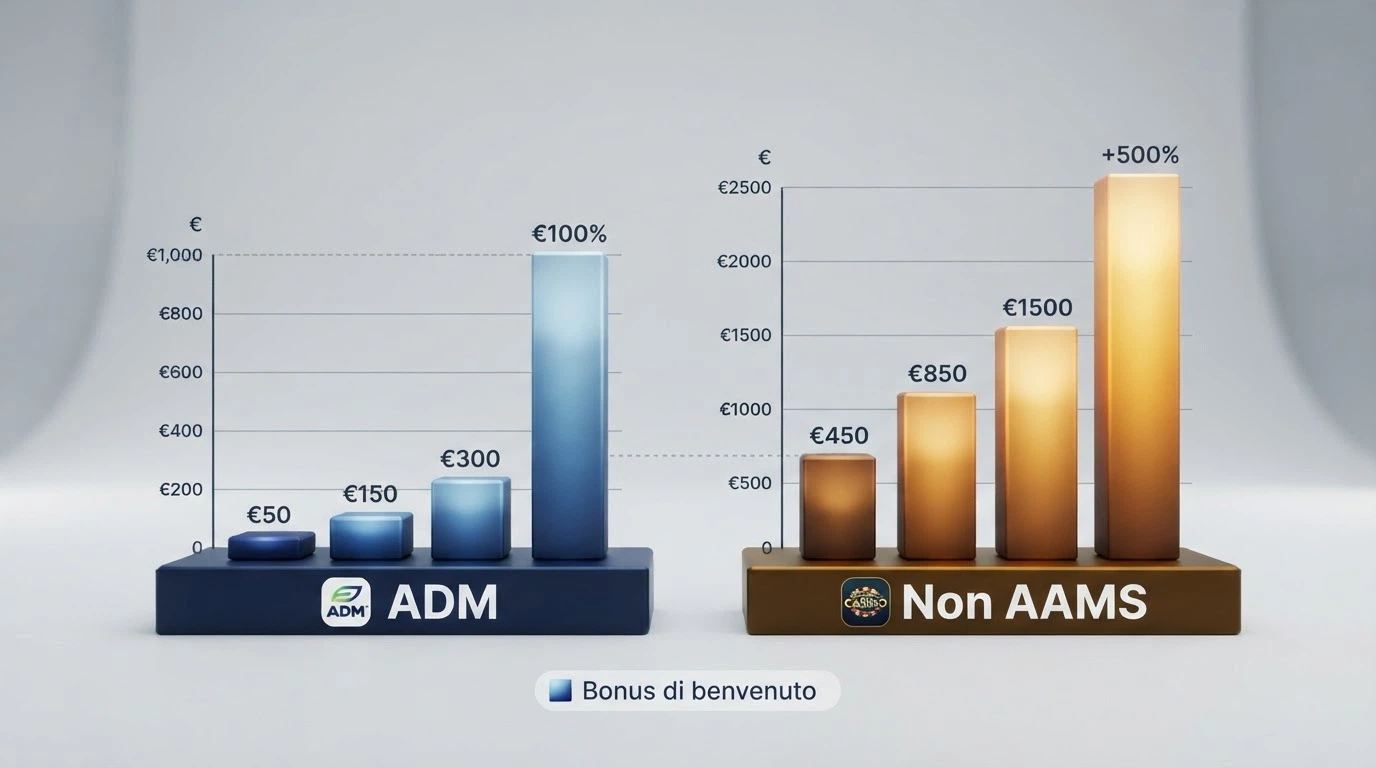 Due colonne affiancate: a sinistra bonus ADM contenuti (50-1.000€), a destra bonus non AAMS molto più alti (450-2.500€) con percentuali a tre cifre