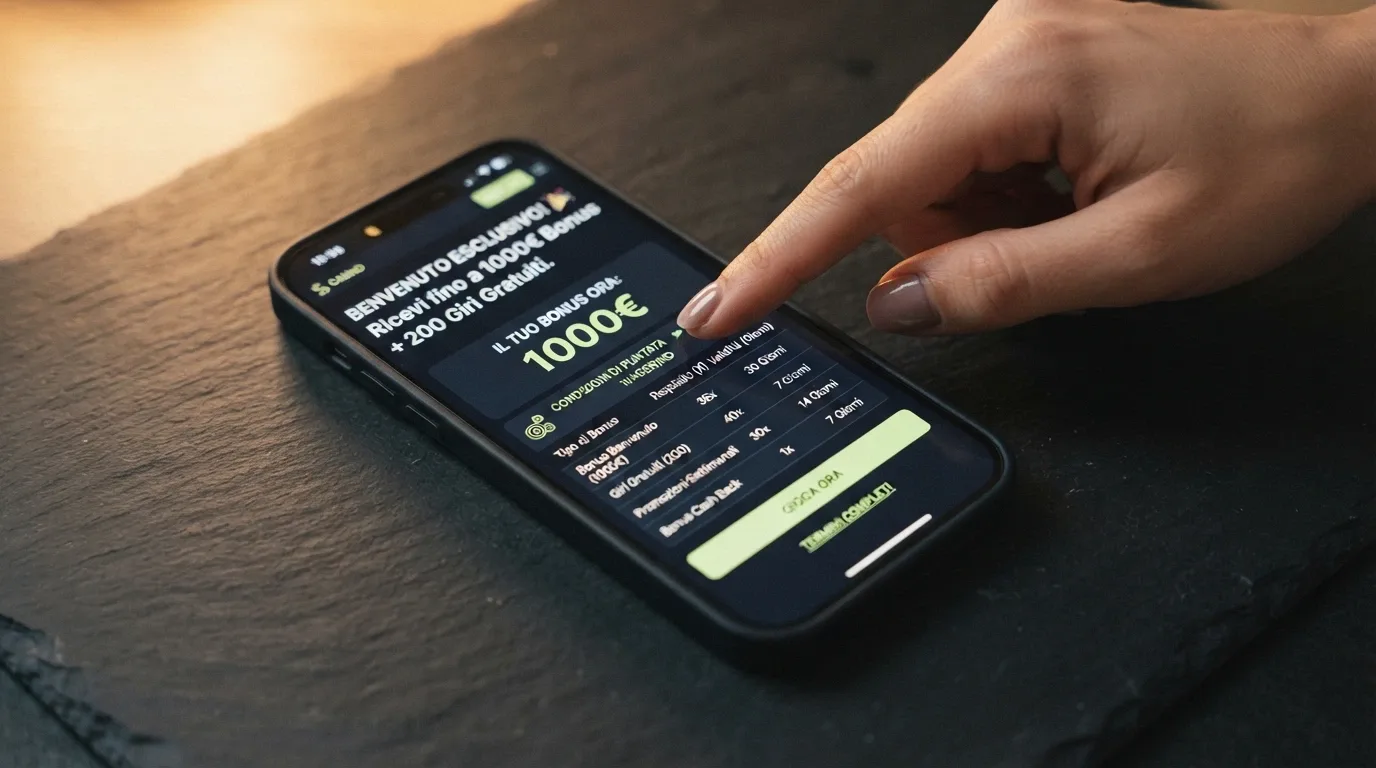 Schermata di un'app casinò con l'offerta di benvenuto e le condizioni di wagering in evidenza