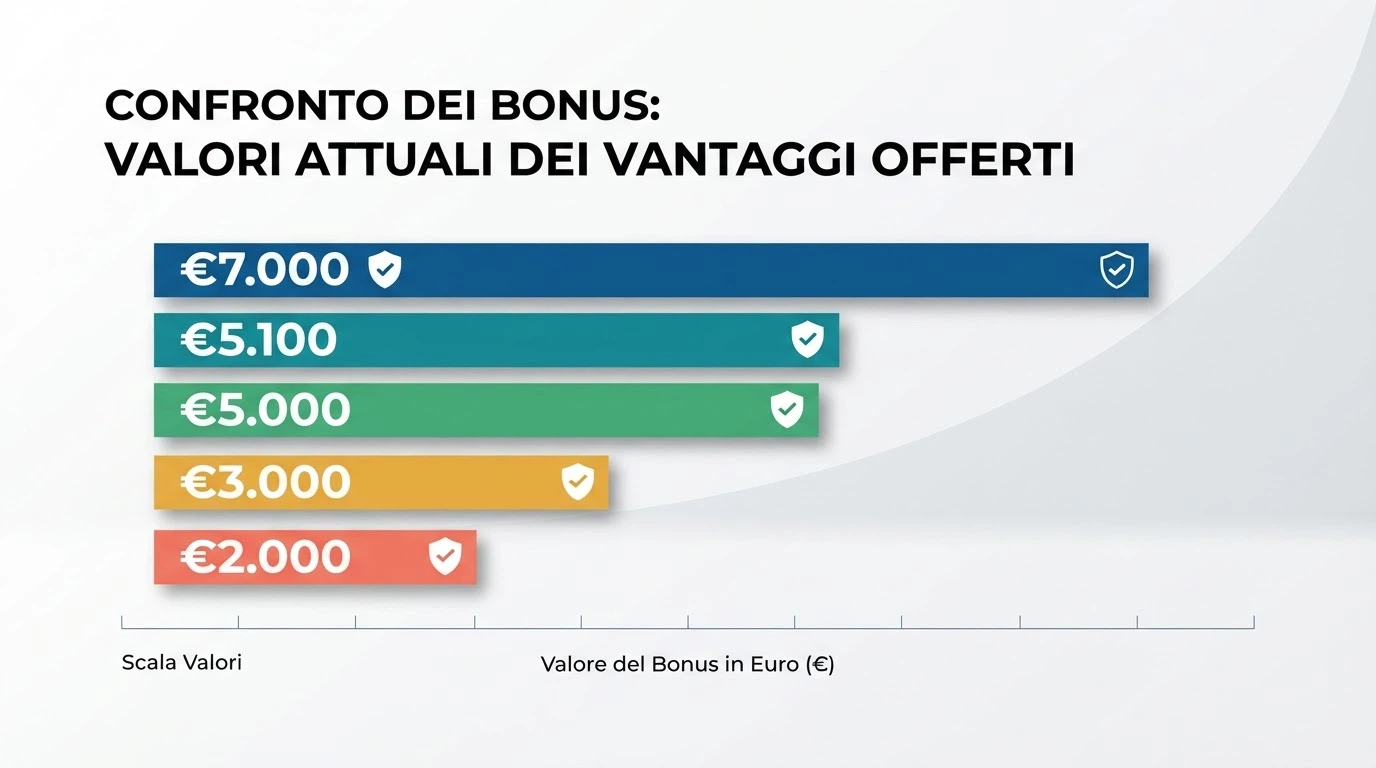 Una tabella comparativa stilizzata con importi bonus in evidenza e icone delle licenze ADM accanto a ciascun operatore