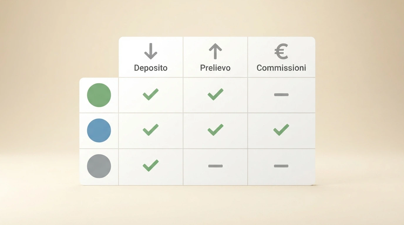 Una tabella comparativa stilizzata con le icone dei casinò e spunte verdi e trattini grigi accanto alle colonne «Bonifico Istantaneo Deposito», «Bonifico Istantaneo Prelievo», «Commissioni».