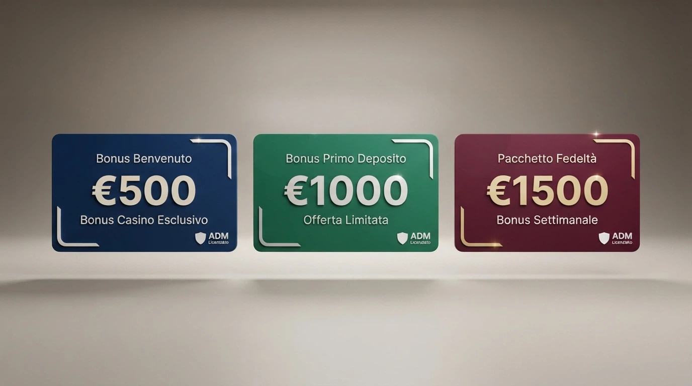 Interfaccia di comparazione con le card di tre casinò affiancate, ognuna con il proprio bonus in evidenza e la licenza ADM visibile