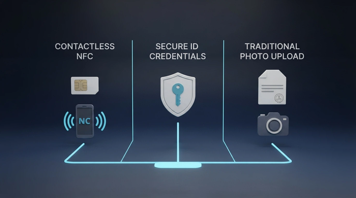 Un confronto visivo tra tre metodi di registrazione: CIE con NFC, SPID con credenziali digitali, registrazione classica con caricamento documenti