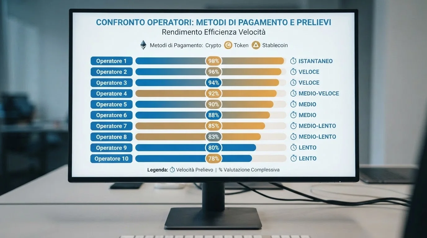 Schermata comparativa con loghi dei casinò recensiti e icone dei metodi di pagamento in criptovaluta