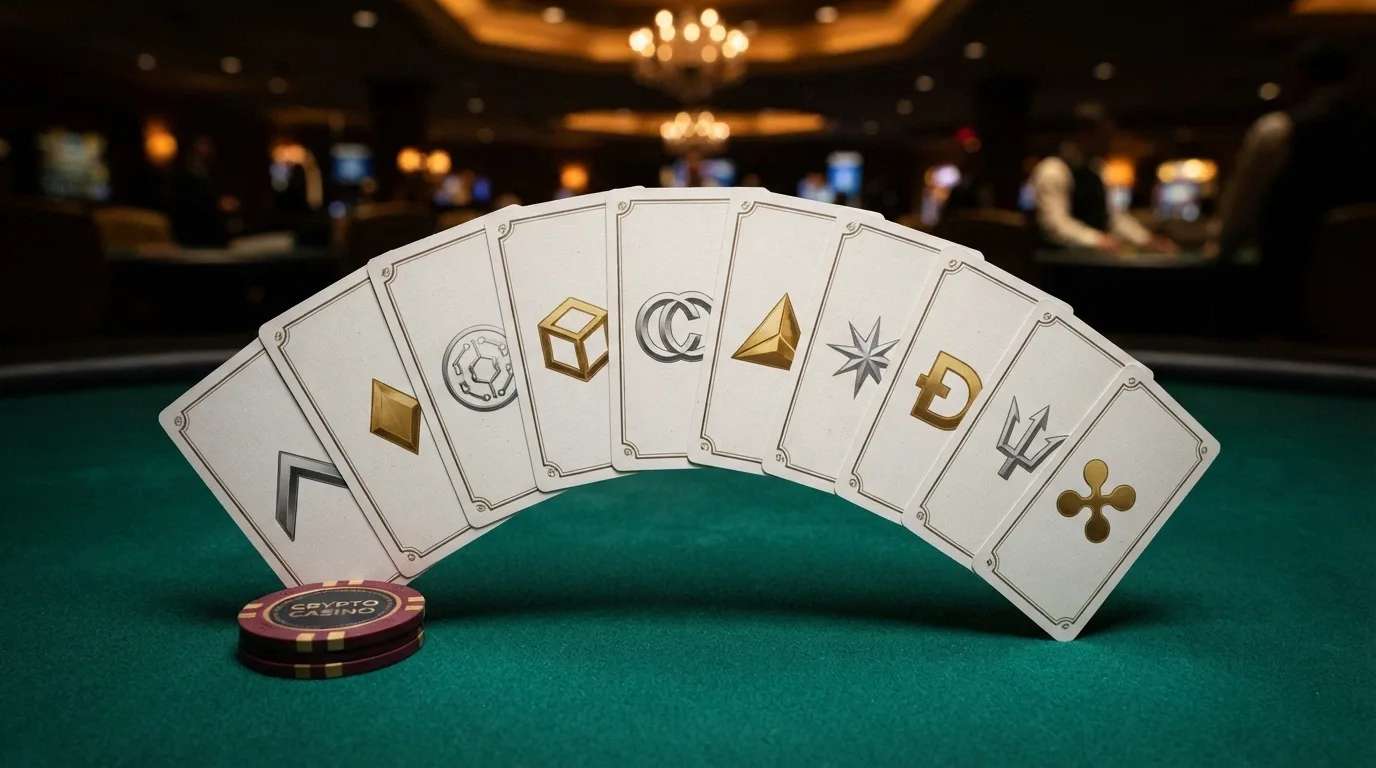 Una griglia di 10 carte da gioco disposte a ventaglio, ciascuna con un simbolo di criptovaluta diverso, illuminate su un tavolo da gioco verde