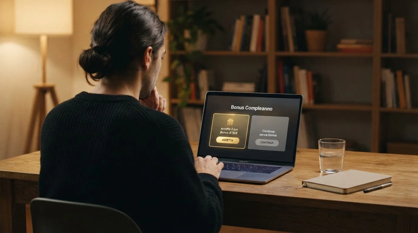 Un giocatore con espressione riflessiva davanti allo schermo, dove compaiono due opzioni: «accetta il bonus» e «continua senza», con i pro e contro elencati in modo schematico
