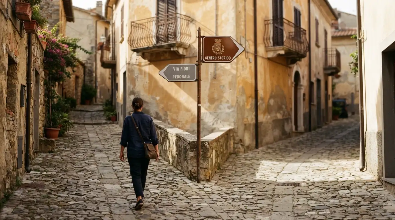 Un bivio stradale con due cartelli: uno indica «Concessione ADM — Perimetro regolamentato» e l'altro «Senza concessione — Nessuna tutela», su sfondo urbano italiano