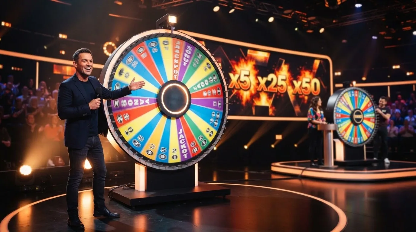 Il set di Crazy Time con la grande ruota colorata in movimento, il presentatore in piedi accanto, lo schermo con i moltiplicatori acceso e il tabellone Monopoly visibile sullo sfondo