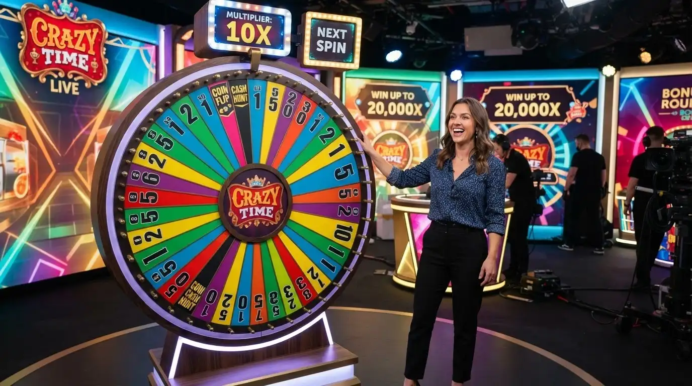 La ruota fisica di Crazy Time con il presentatore in studio, segmenti colorati e numerati e schermi dei moltiplicatori sullo sfondo