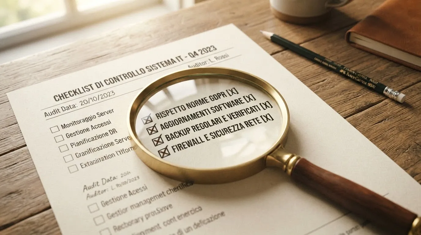 Una lente di ingrandimento su una checklist con voci come «licenza», «free spin», «wagering» e «RTP»