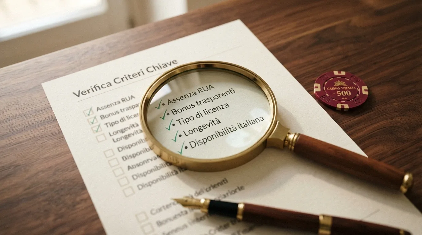 Una lente di ingrandimento su una lista di criteri: assenza RUA, bonus, licenza, longevità, fonti verificate