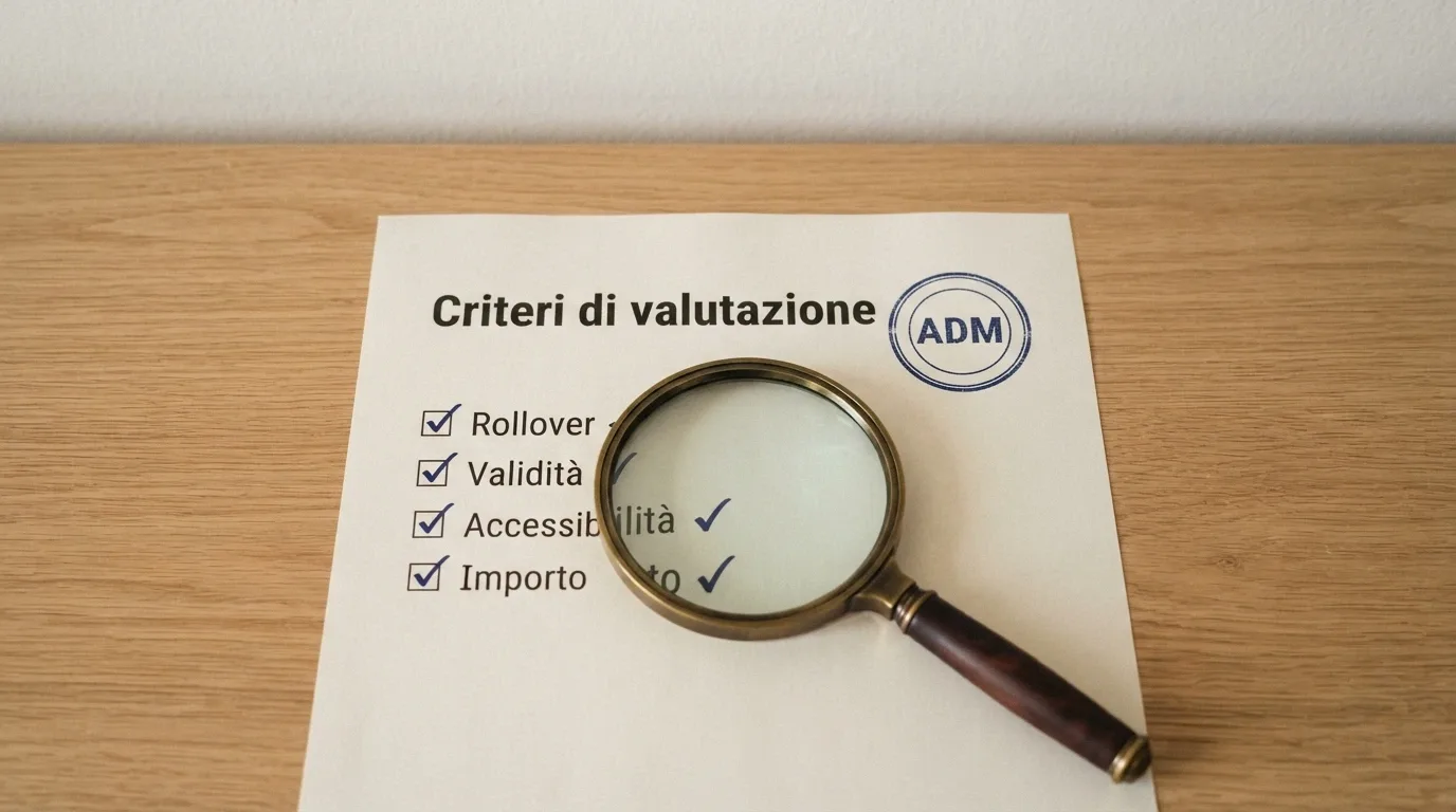 Una lente di ingrandimento su un documento con il timbro ADM e una checklist di criteri (rollover, validità, accessibilità)