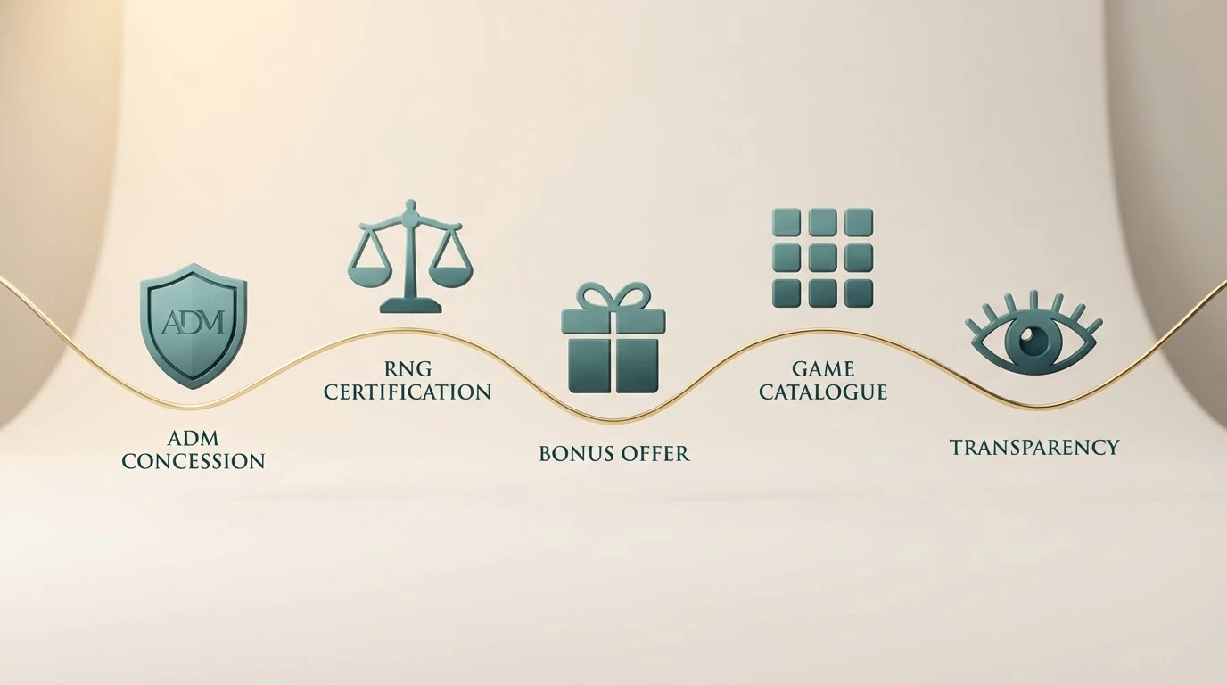 Una rappresentazione visiva dei pilastri di valutazione: concessione ADM, certificazione RNG, offerta bonus, catalogo giochi, trasparenza — ciascuno con un'icona dedicata