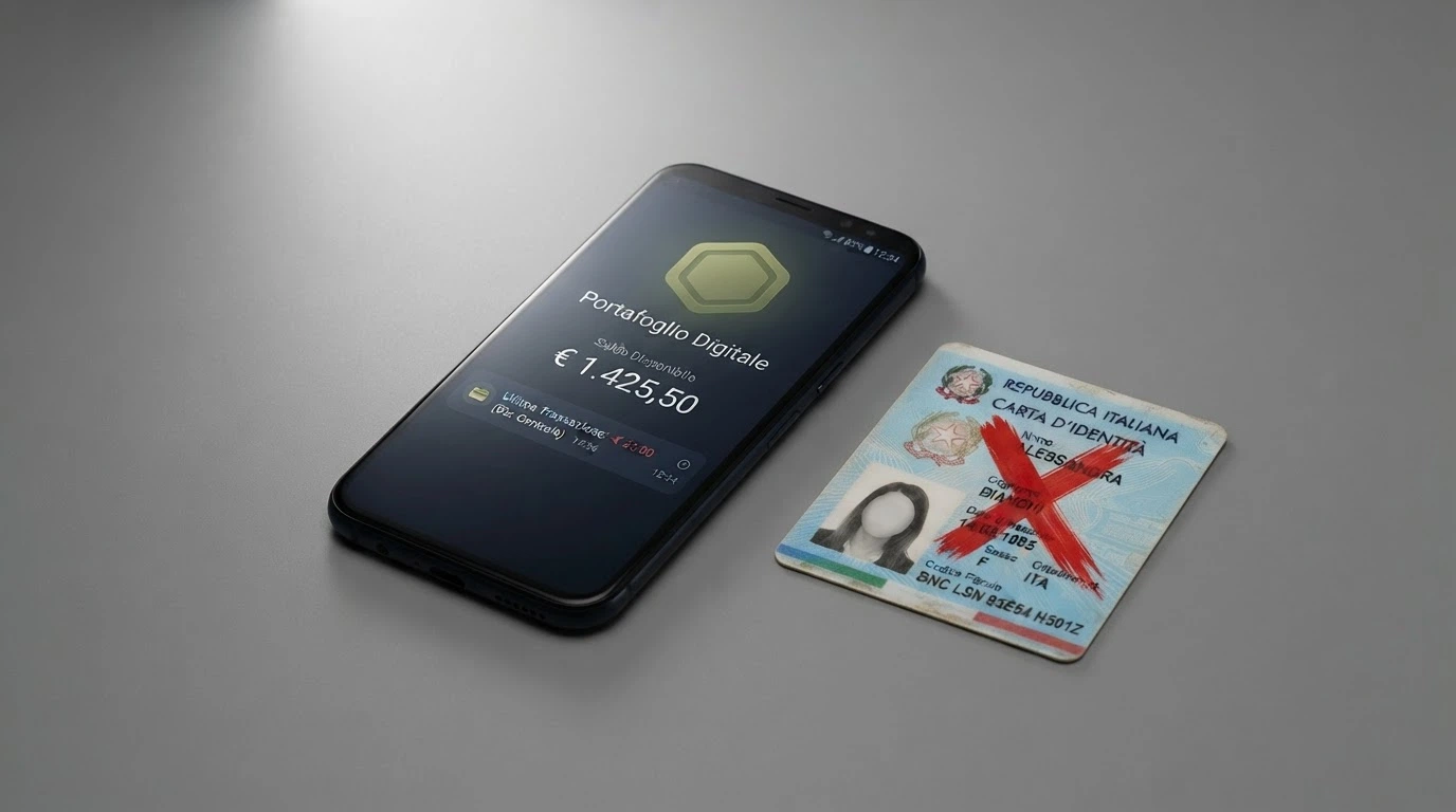 Un wallet crypto aperto su uno smartphone accanto a un documento d'identità barrato con una X rossa, su sfondo neutro
