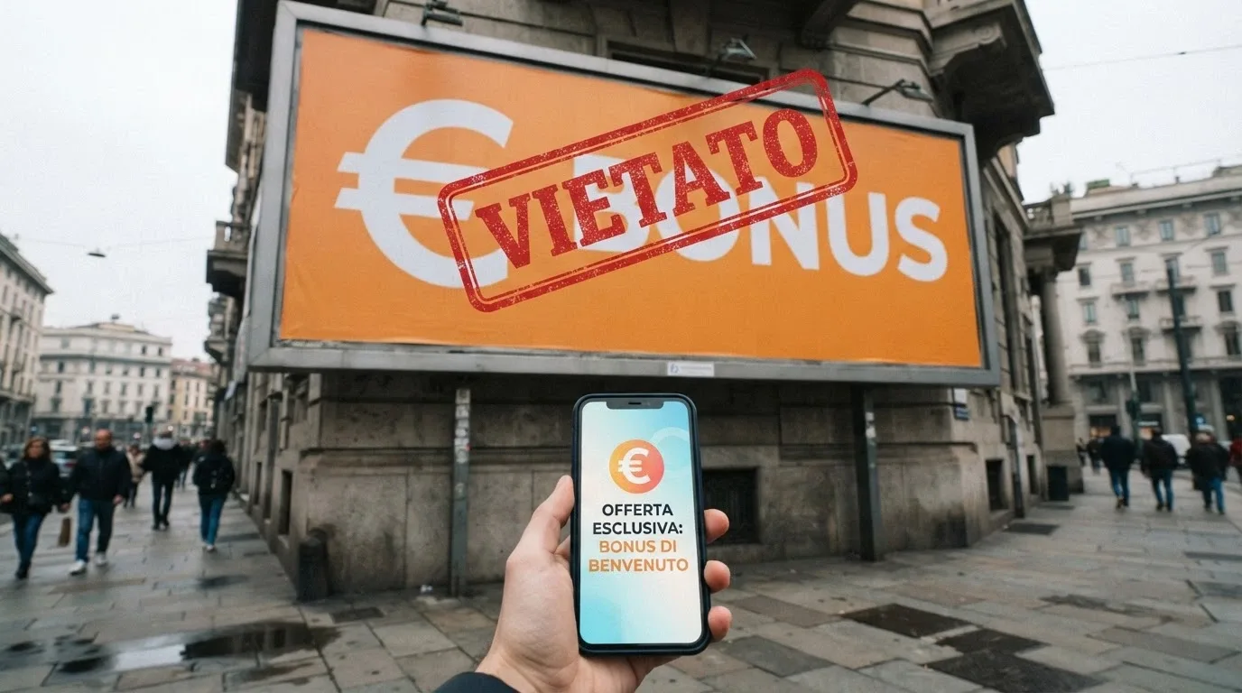 Un cartellone pubblicitario con una grande offerta bonus barrata da un timbro rosso «VIETATO — D.L. 87/2018», mentre sullo schermo di un telefono compare la stessa offerta senza il divieto