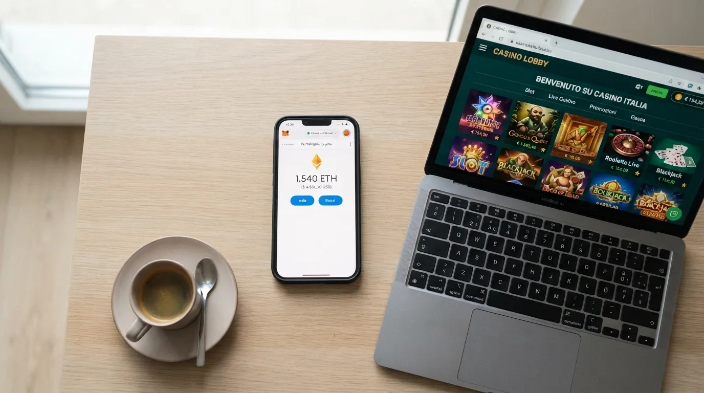 Uno smartphone con l'interfaccia di un wallet crypto aperta e il logo BCH, accanto allo schermo di un casinò