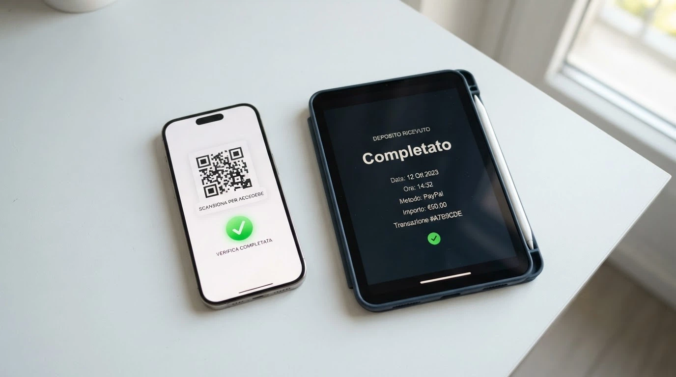 Uno smartphone che mostra un wallet Dogecoin con un QR code, affiancato dallo schermo di un casinò con la schermata di deposito completato.