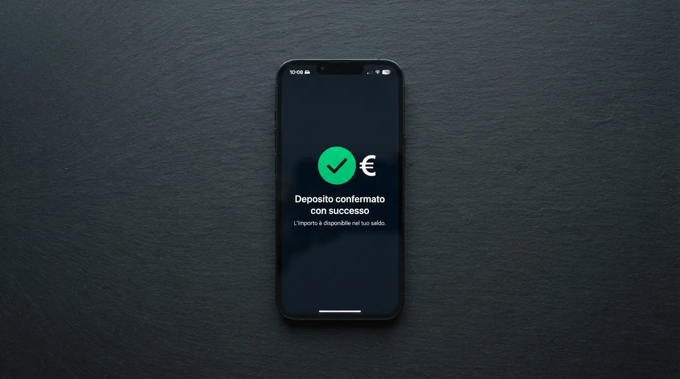 Uno smartphone che mostra la schermata di deposito istantaneo completato in un casinò online