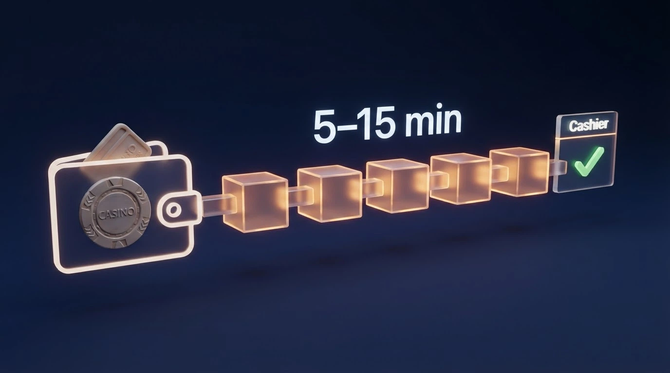 Una transazione blockchain visualizzata come catena di blocchi che collega un portafoglio Litecoin alla cassa di un casinò, con un timer digitale in sovrimpressione