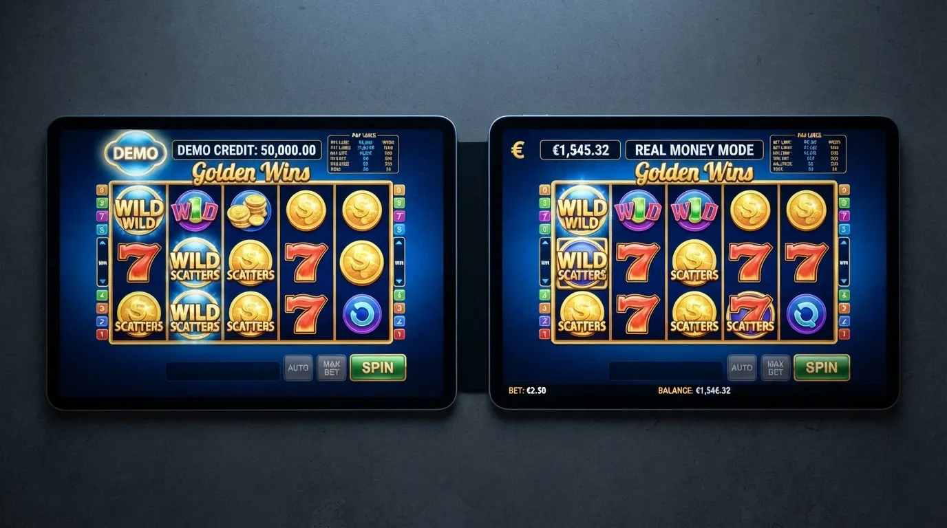 Due schermate affiancate della stessa slot: a sinistra in modalità demo con crediti virtuali, a destra in modalità reale con saldo in euro e limite di puntata