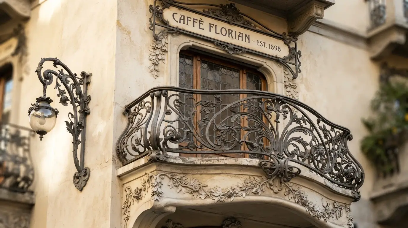 Dettaglio della facciata liberty del Casinò di Sanremo con le decorazioni in ferro battuto e le insegne storiche