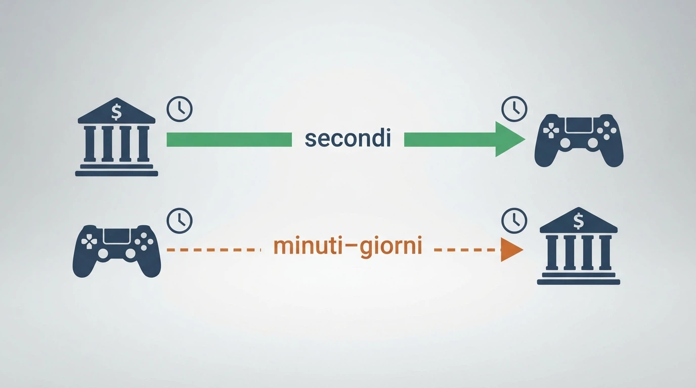 Un diagramma a due corsie che mostra il percorso di un deposito (dal conto bancario al conto gioco in pochi secondi) e di un prelievo (dal conto gioco al conto bancario), con le tempistiche medie accanto a ogni passaggio.