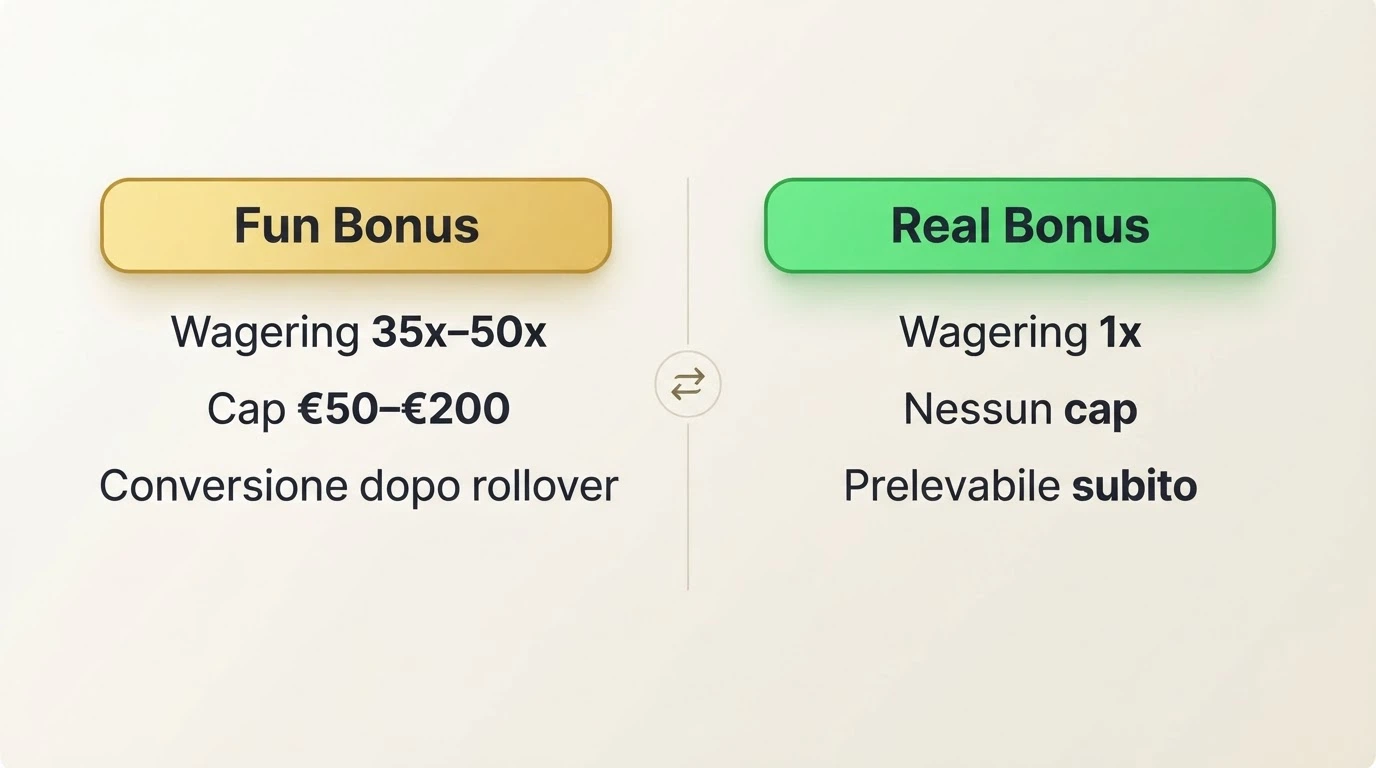 Tabella comparativa tra le condizioni di un Fun Bonus e di un Real Bonus su un'interfaccia di casinò online italiano