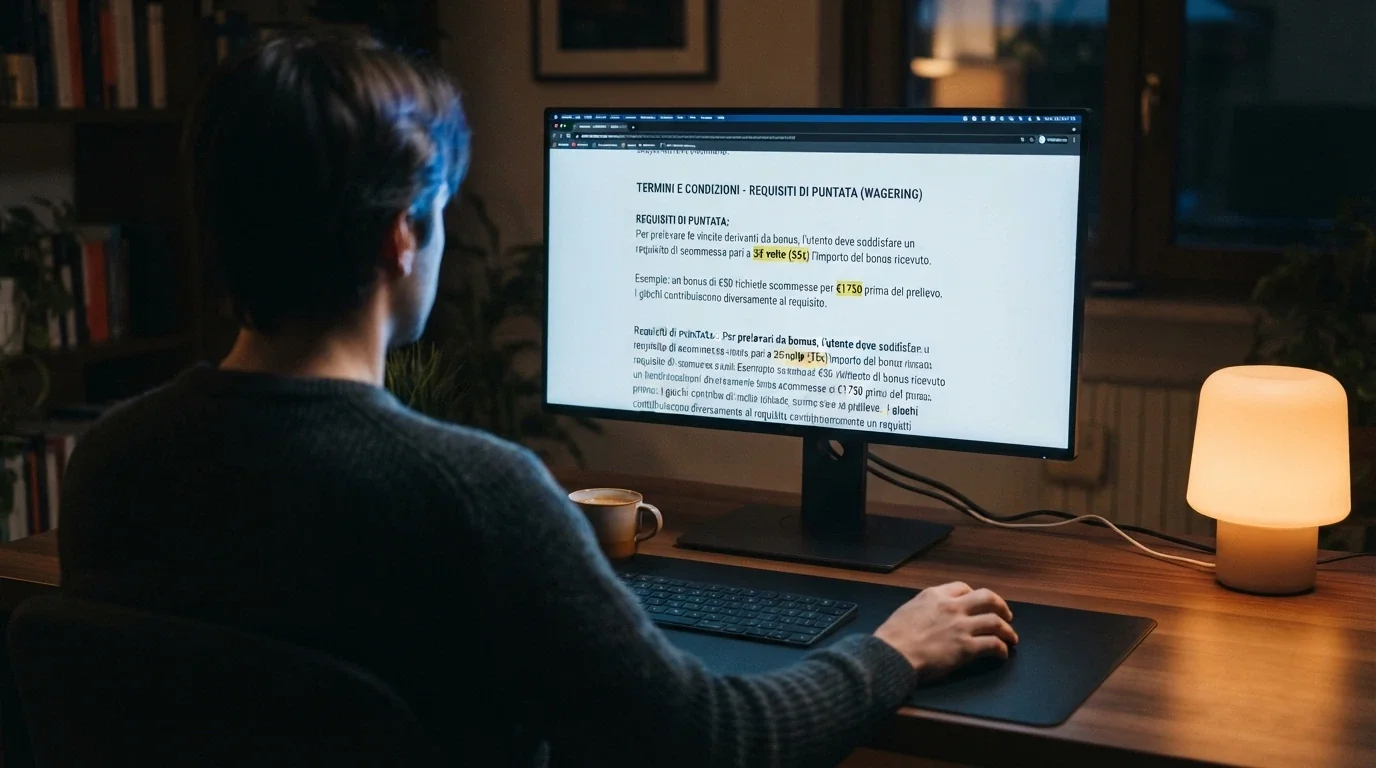 Un giocatore seduto davanti al computer con un'espressione riflessiva, la mano sul mouse, lo schermo che mostra termini e condizioni di un bonus con wagering evidenziato.