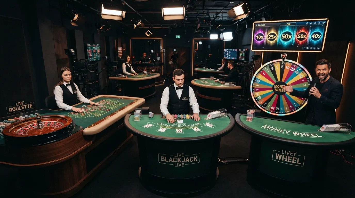 Tre tavoli live affiancati in uno studio Evolution Gaming: a sinistra un tavolo roulette con primo piano del cilindro, al centro un tavolo blackjack con carte visibili, a destra la ruota di Crazy Time con il presentatore in piedi