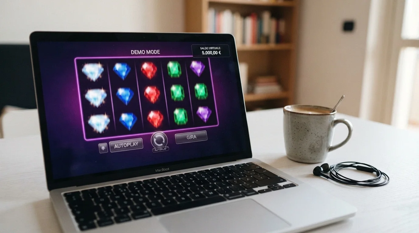 Lo schermo di un casinò online in modalità demo con la scritta «Saldo virtuale» visibile e una slot in esecuzione