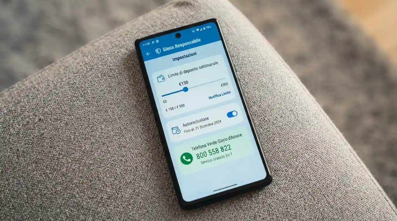 Un'interfaccia di app casinò con la sezione «Gioco Responsabile» aperta: si vedono le opzioni per il limite di deposito, l'autoesclusione e il numero del Telefono Verde