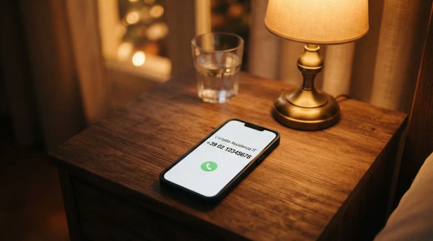 Un telefono con il numero 800 558822 sullo schermo, accanto al logo del Servizio Sanitario Nazionale, su una scrivania con luce da tavolo