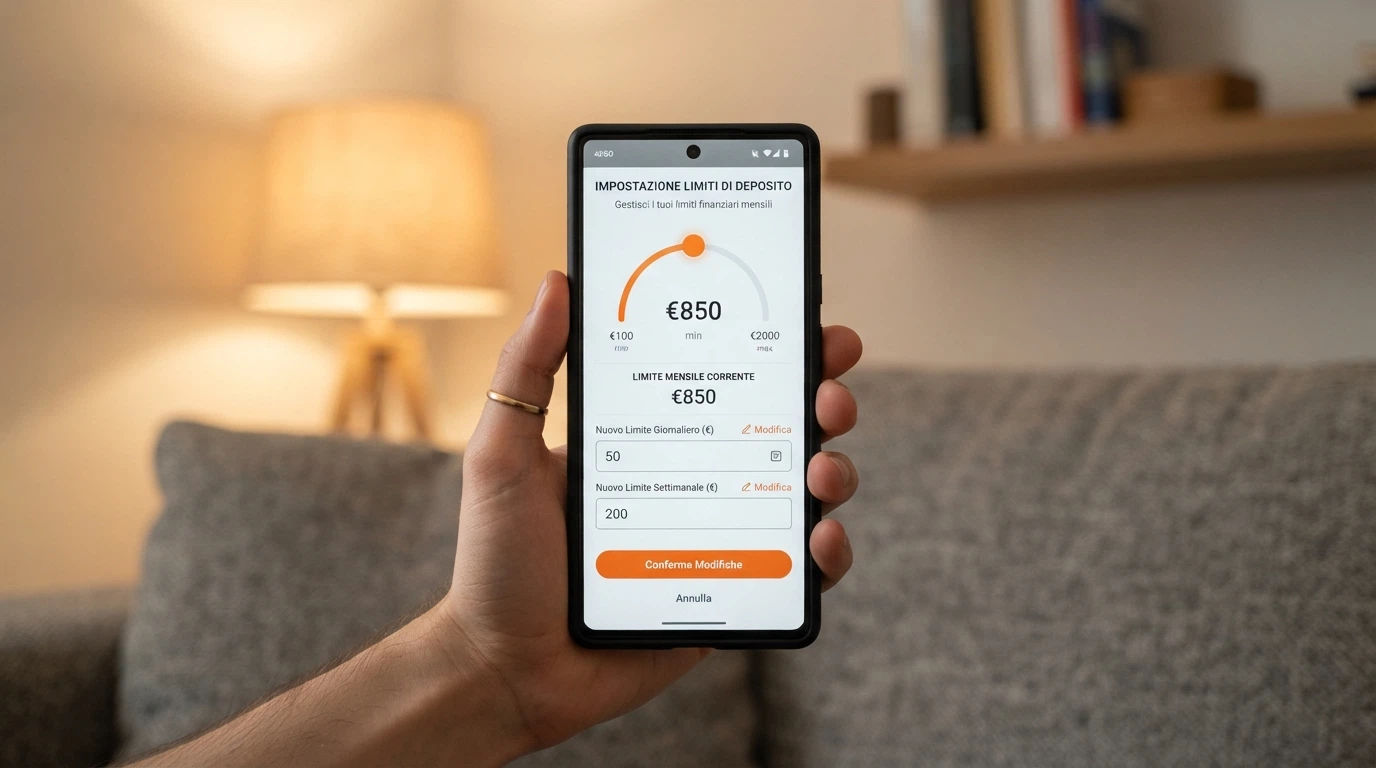 Interfaccia di impostazione dei limiti di deposito nell'area riservata di un casinò online italiano, con cursori e caselle di importo