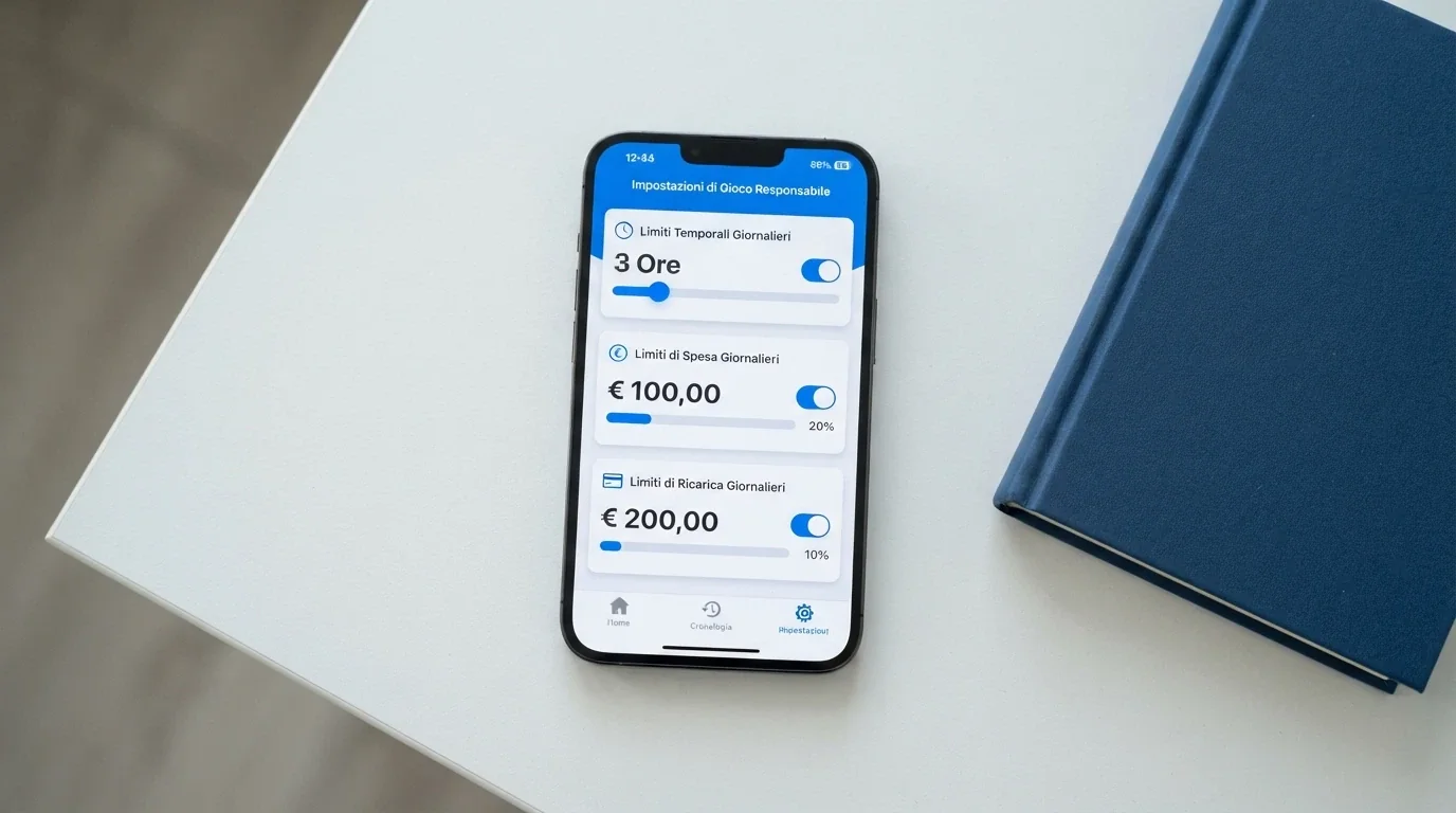 Schermata dell'area limiti di gioco di un'app casinò su iPhone con i parametri di spesa, tempo e ricarica