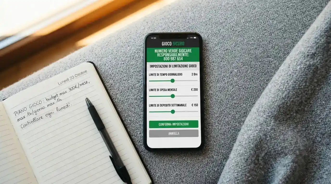 Interfaccia di autolimitazione con cursori per tempo, spesa e deposito, accanto al numero verde 800 55 88 22 ben visibile