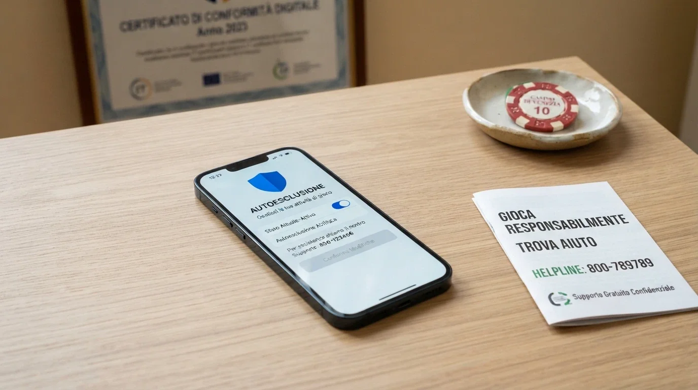 Un telefono con il numero verde 800 558822 in composizione, affiancato dallo scudo del RUA e dalla schermata di autoesclusione del portale ADM