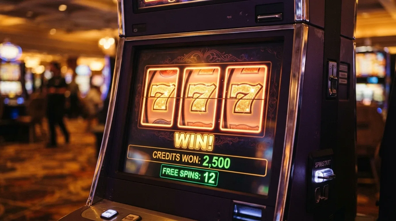Una slot machine digitale con il contatore dei free spins in primo piano, il rullo fermo su una combinazione vincente