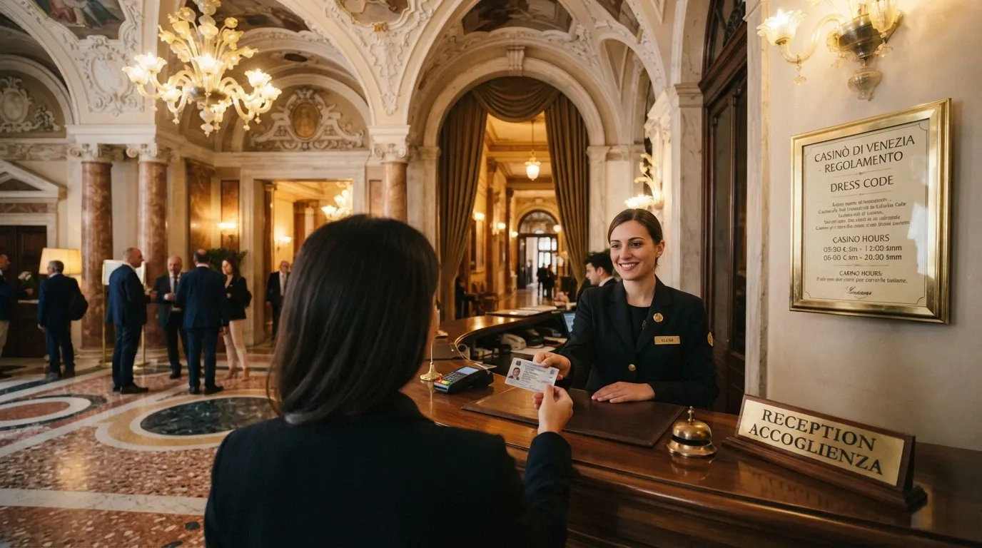 L'atrio d'ingresso del Casinò di Sanremo con il banco accoglienza e un visitatore che mostra il documento