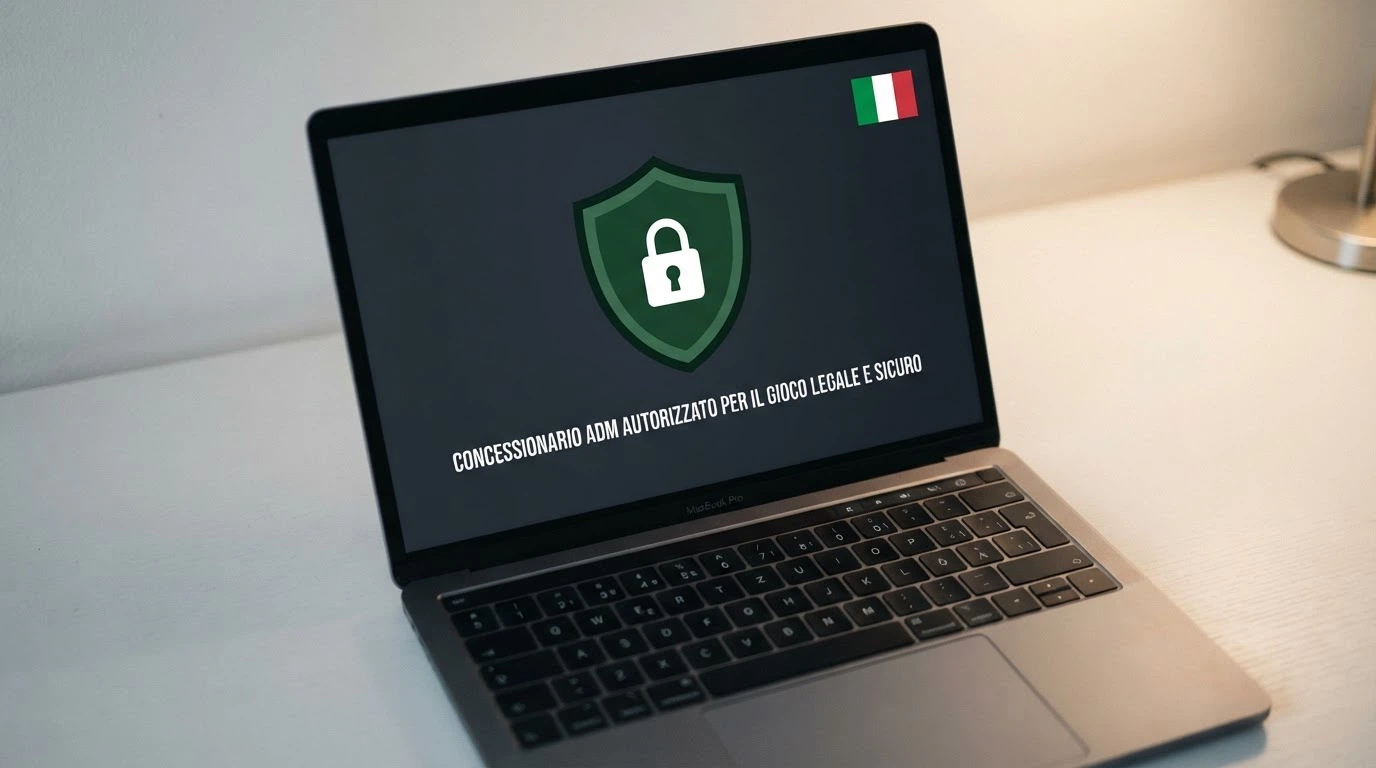 Primo piano del logo ADM su uno schermo, accanto al simbolo del lucchetto di connessione sicura e alla bandiera italiana