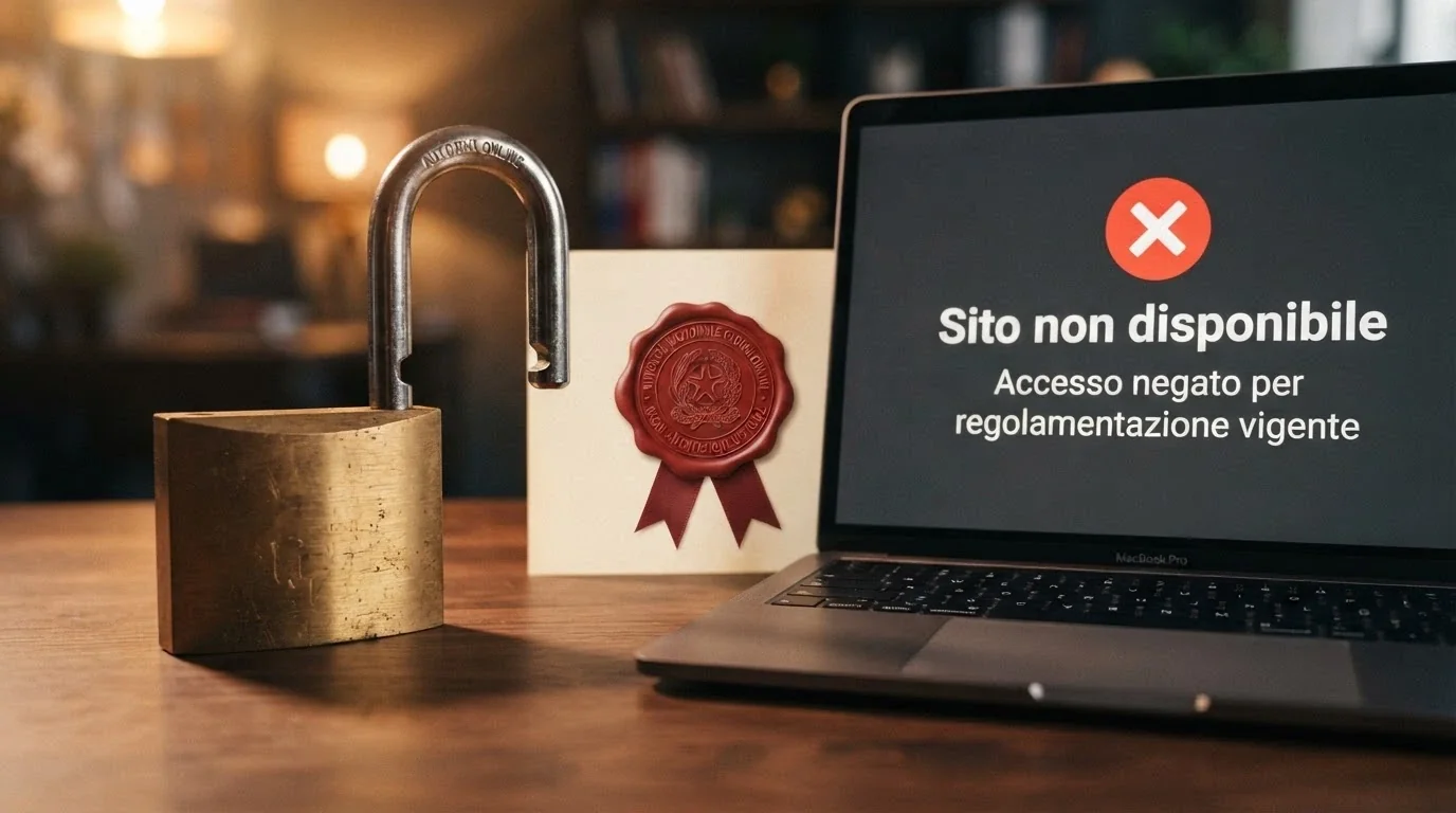 Il logo dell'ADM (Agenzia delle Dogane e dei Monopoli) accanto a un lucchetto aperto e un monitor con la scritta «blocco DNS» in italiano