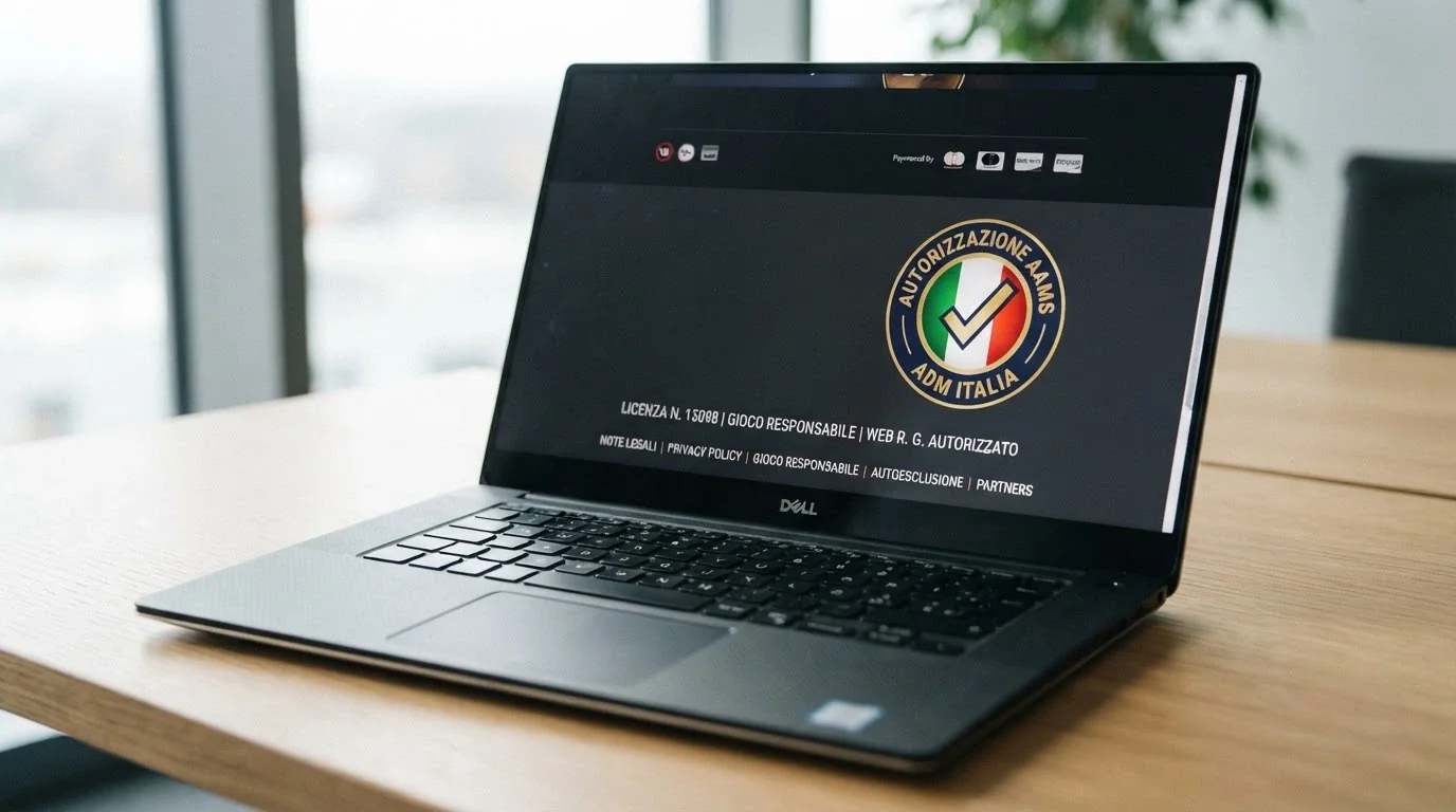 Il logo ADM e il numero di concessione nel footer di un sito di casinò online italiano