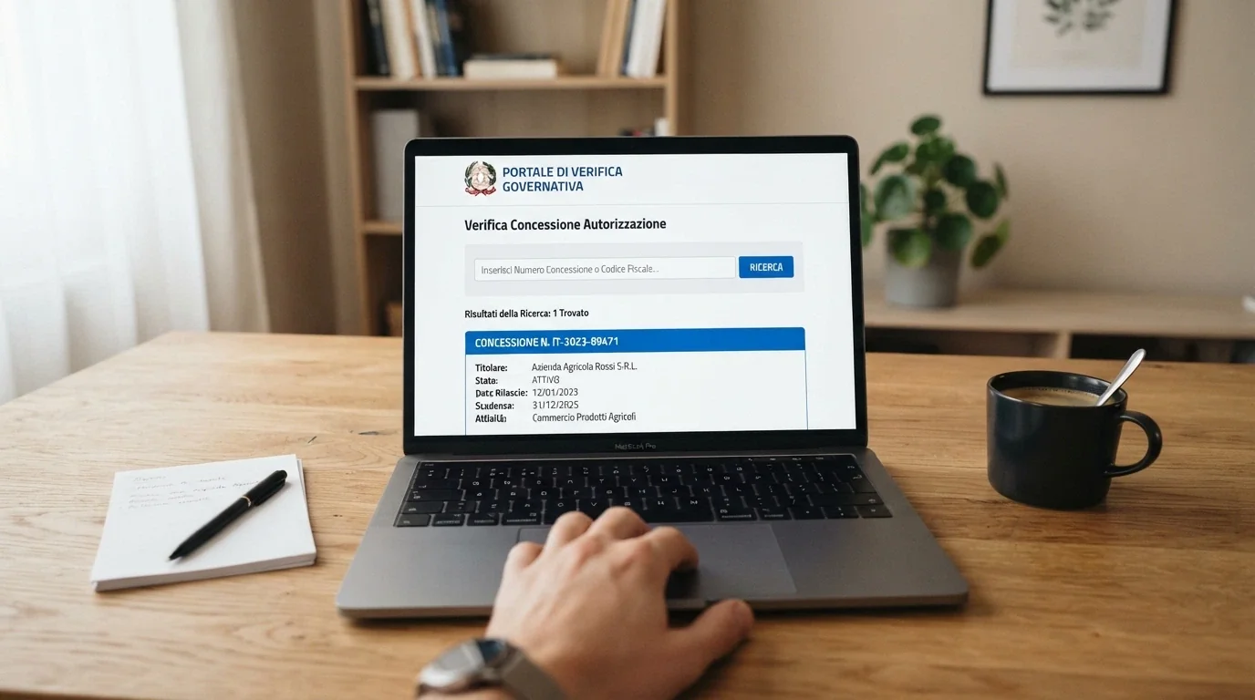 Il sito adm.gov.it aperto sulla pagina di verifica delle concessioni, con il numero di concessione di un operatore in evidenza