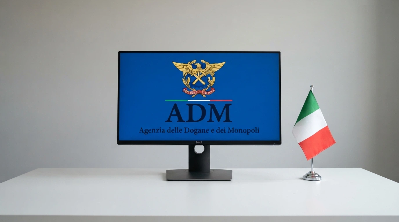 Il logo ufficiale dell'Agenzia delle Dogane e dei Monopoli su uno schermo, accanto alla bandiera italiana