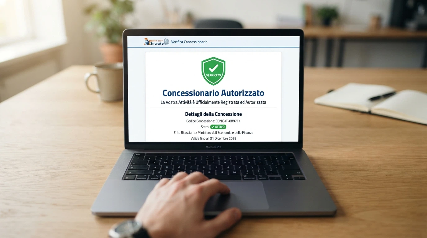 Primo piano del logo dell'Agenzia delle Dogane e dei Monopoli accanto alla dicitura «concessionario autorizzato» sul sito di un operatore