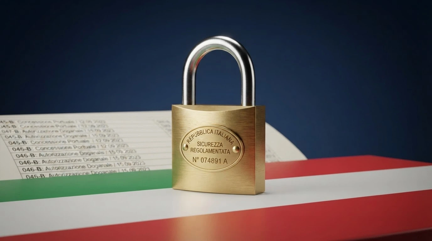 Il logo ufficiale ADM accanto a un lucchetto su sfondo tricolore, con l'elenco delle concessioni in secondo piano
