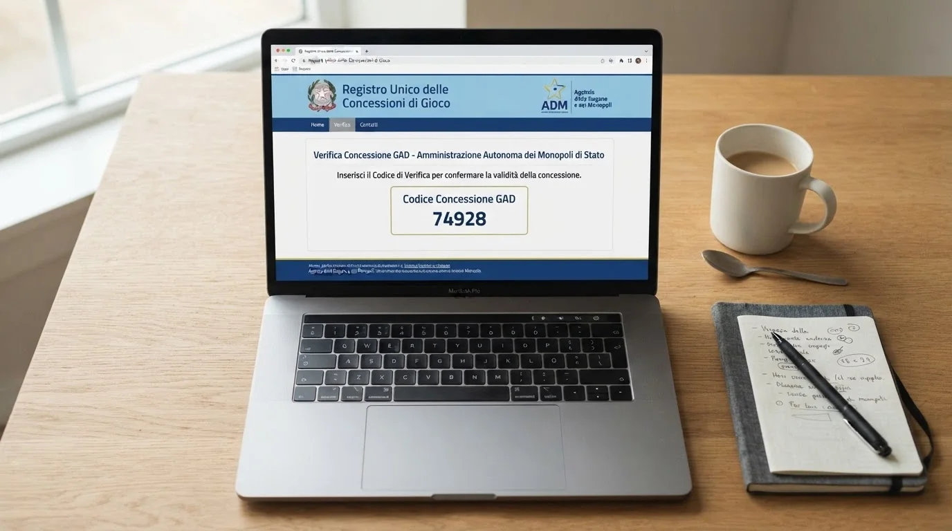 Il sito adm.gov.it aperto su una pagina di verifica concessioni con un codice GAD evidenziato nel footer di un sito di casinò
